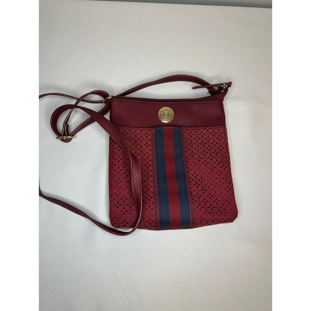 Tommy Hilfiger Small Burgundy Jacquard Monogram Stripe Crossbody Bag